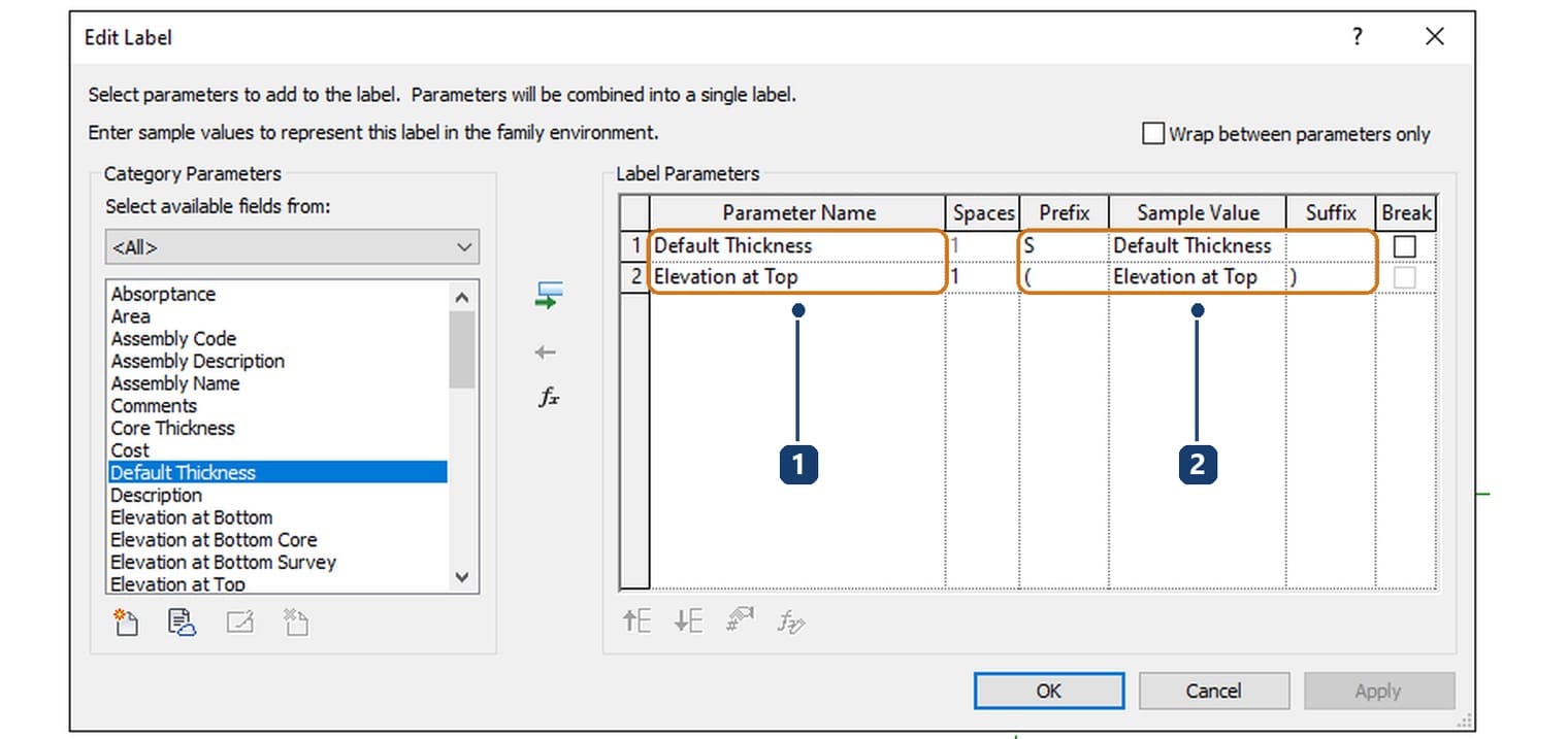 1 hai tham số Default Thickness và Elevation at Top. 2 Prefix S cho bề dày và cặp ngoặc cho cao độ