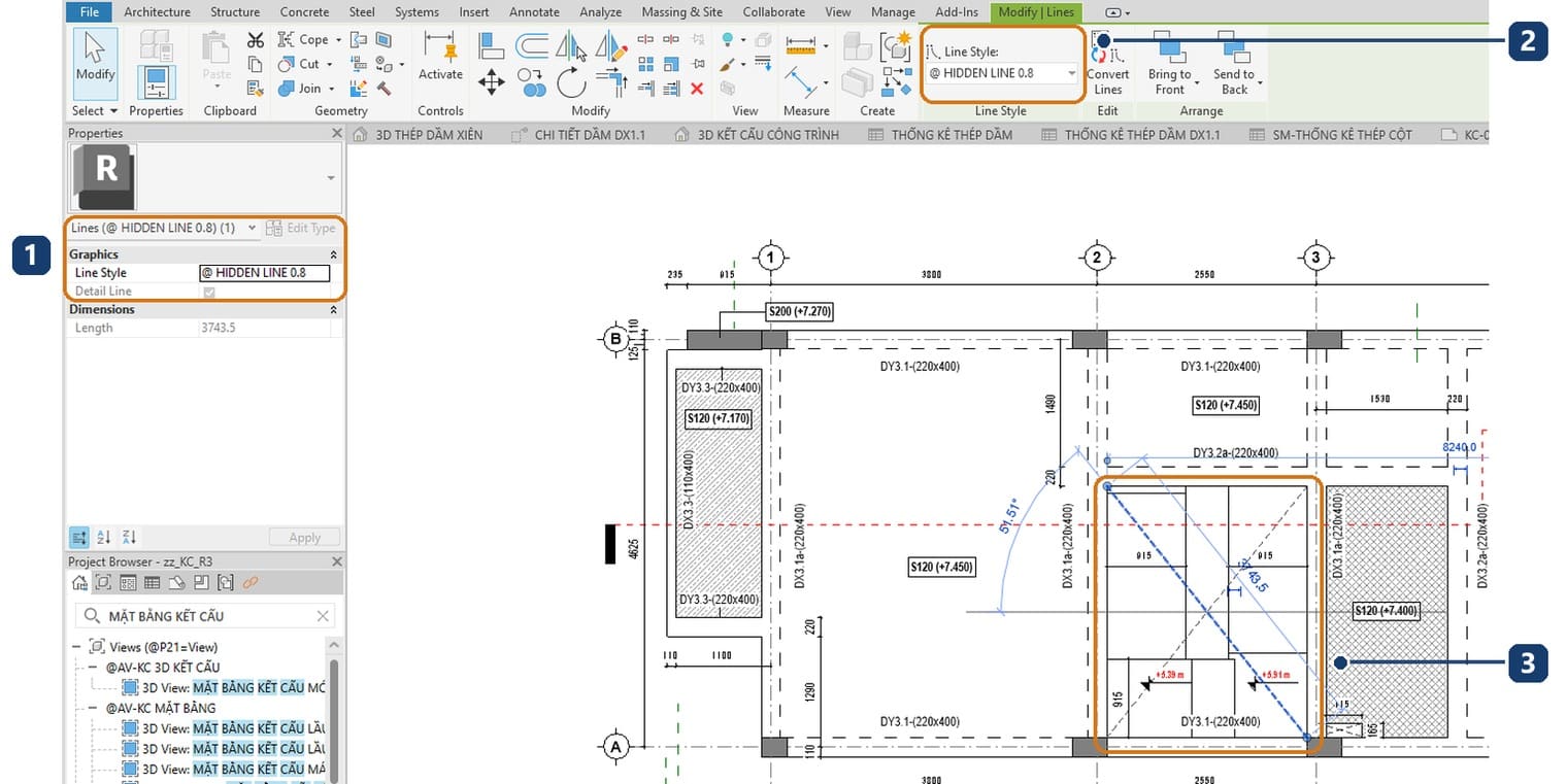 1 bảng Properties ghi Lines với ô Detail Line đã tích. 2 ô Line Style của nét đang chọn. 3 đường chéo được chọn trong ô cầu thang