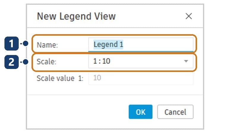 1 the Name box. 2 the Scale box, 1 : 10 by default