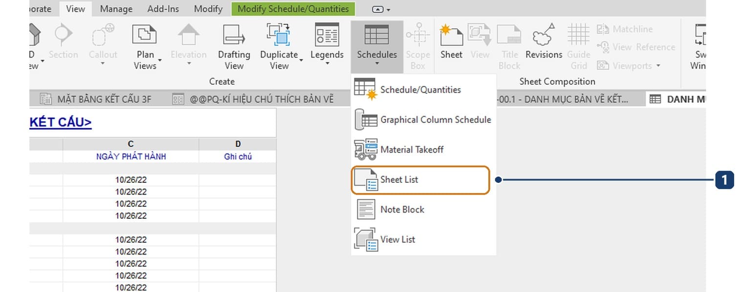 1 mục Sheet List trong trình đơn Schedules của thẻ View