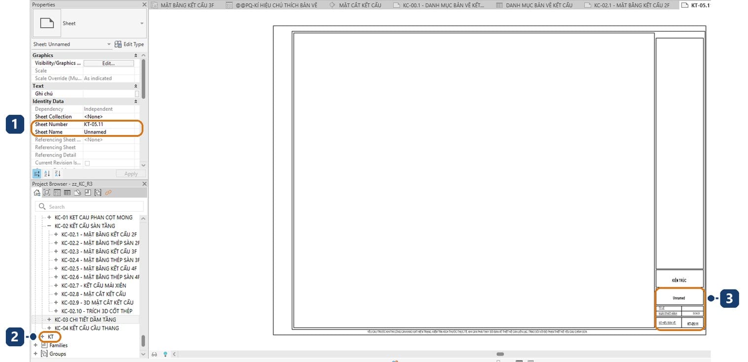 1 Sheet Number và Sheet Name do Revit tự điền. 2 nhánh KT mới mọc ra trong Project Browser. 3 khung tên đọc theo số hiệu đó