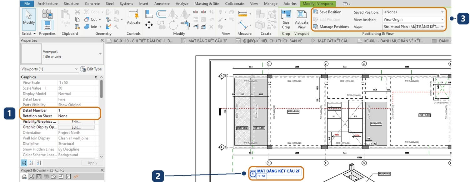 1 Detail Number và Rotation on Sheet của hình. 2 dòng tiêu đề hình đọc số đó. 3 nhóm Positioning and View trên thẻ Modify Viewports