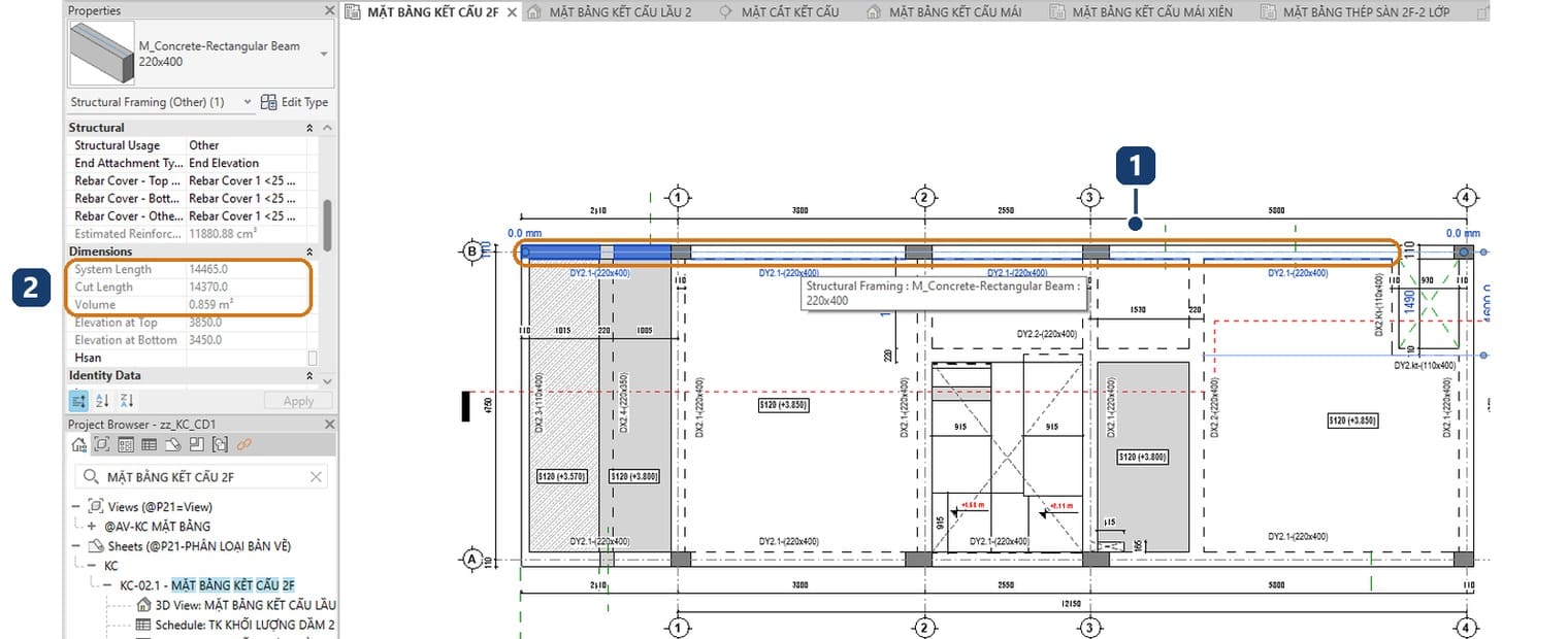 Dầm DY2.1 đang chọn trên mặt bằng tầng 2, bảng Properties hiện System Length, Cut Length và Volume