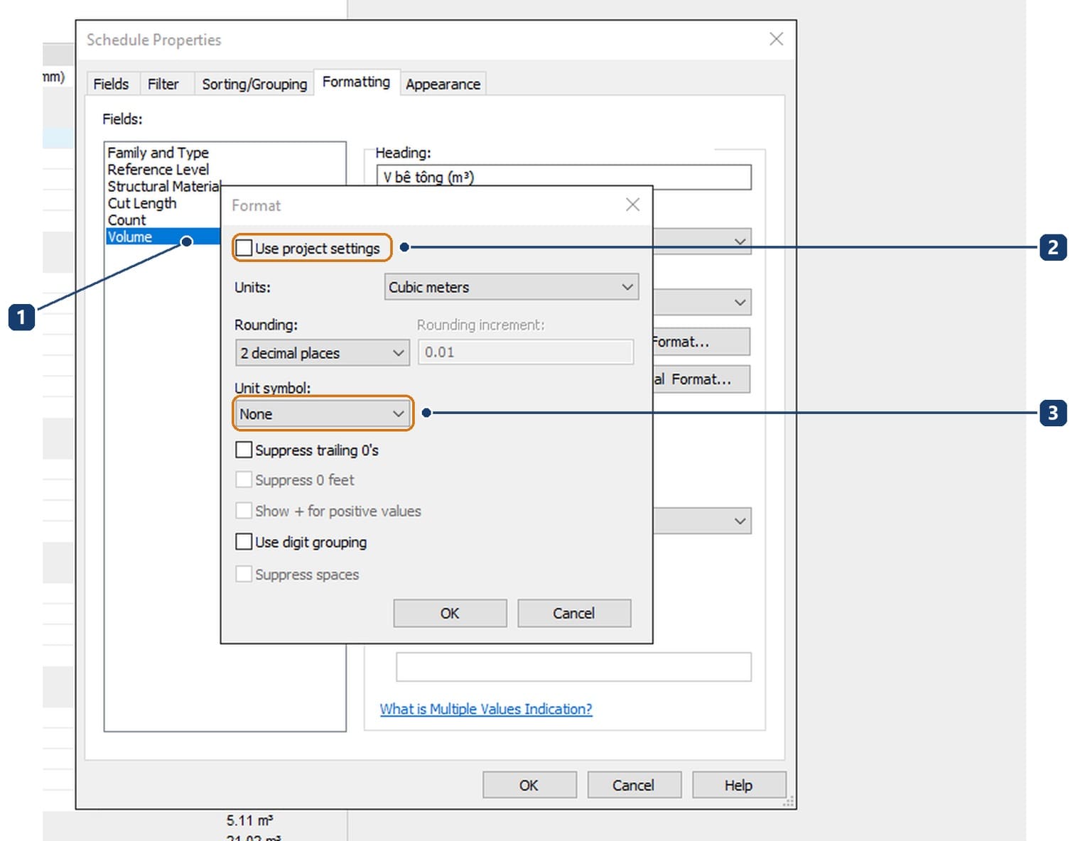 1 trường Volume đang chọn. 2 ô Use project settings đã bỏ tích. 3 ô Unit symbol đặt None