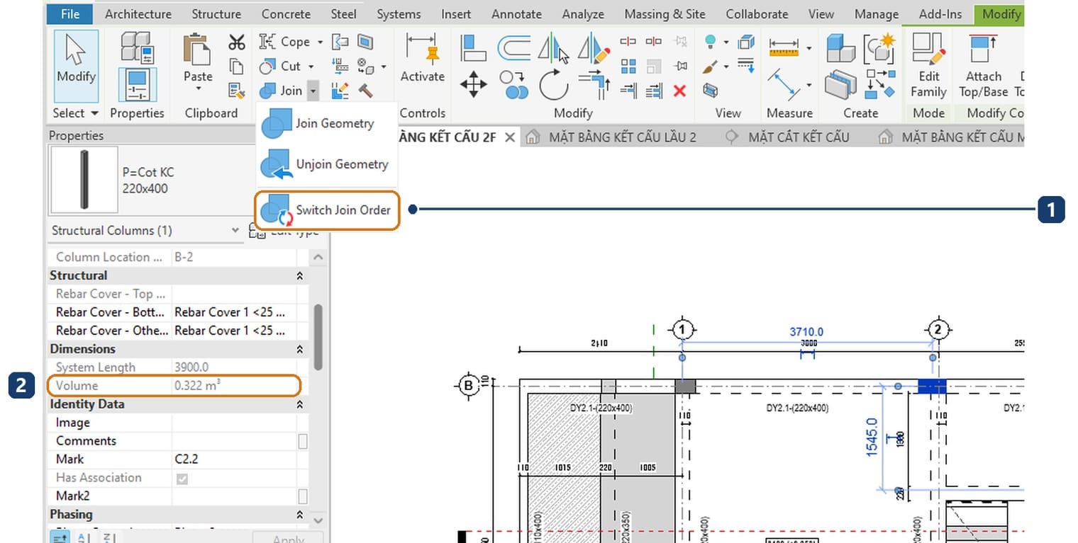Trình đơn Join trên panel Geometry mở ra ba mục, mục cuối là Switch Join Order; bảng Properties đang hiện thể tích một cột