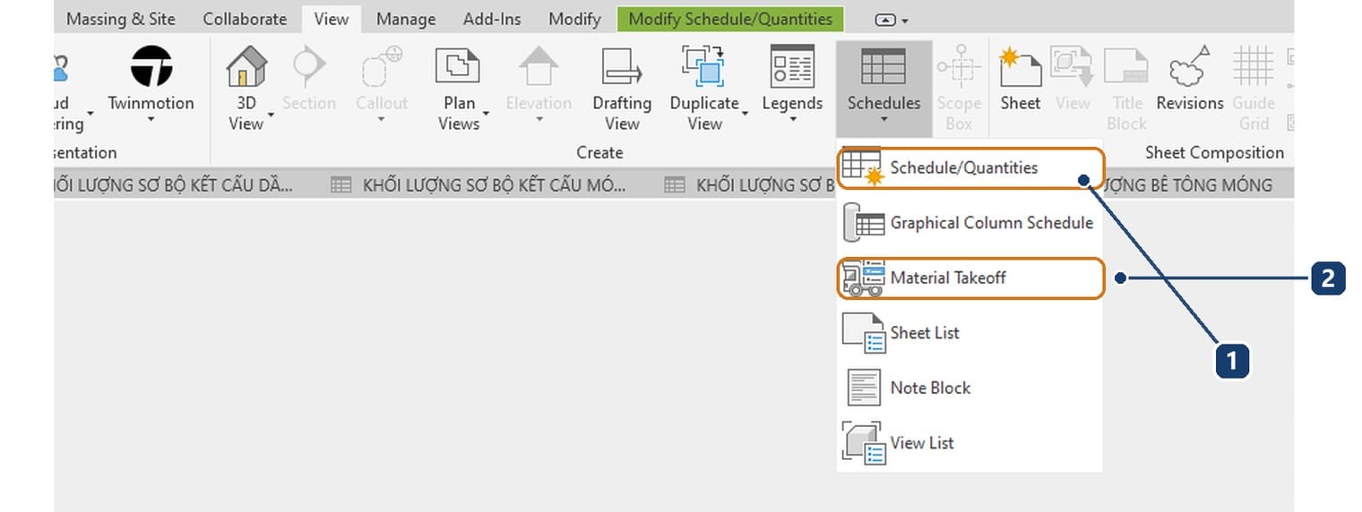 Trình đơn của nút Schedules trên thẻ View, mục đầu là Schedule Quantities, mục thứ ba là Material Takeoff