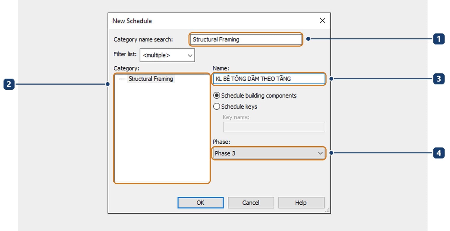 1 ô Category name search vừa gõ. 2 danh sách còn đúng một chủng loại. 3 ô Name đã đổi sang tên tiếng Việt. 4 ô Phase