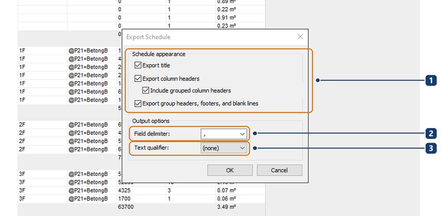 1 nhóm Schedule appearance với bốn ô tích. 2 ô Field delimiter. 3 ô Text qualifier