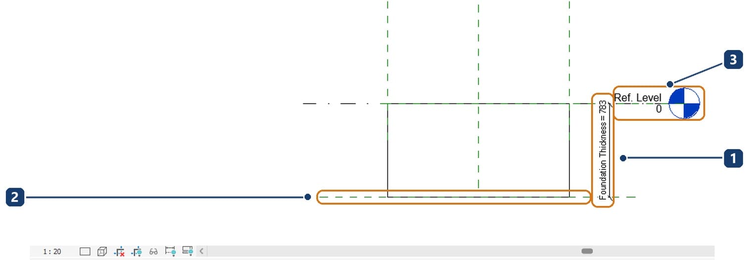 1 the labelled thickness dimension. 2 the bottom plane locked to the underside. 3 Ref. Level at the top of the pad