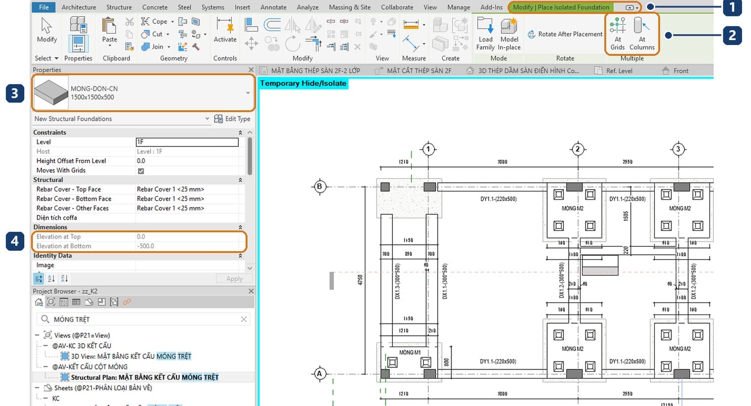 1 the Modify, Place Isolated Foundation tab. 2 At Grids and At Columns. 3 the family and type just loaded. 4 the top and bottom elevations of the footing