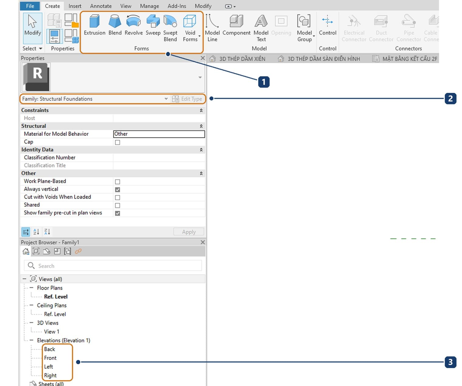 1 the Forms panel on the Create tab. 2 the Structural Foundations category. 3 the four elevations Back, Front, Left, Right