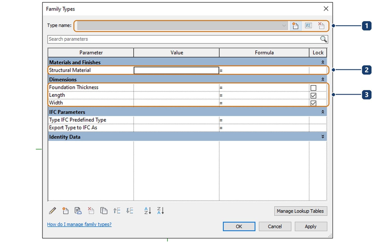 1 Type name still blank. 2 Structural Material. 3 the template's three size parameters