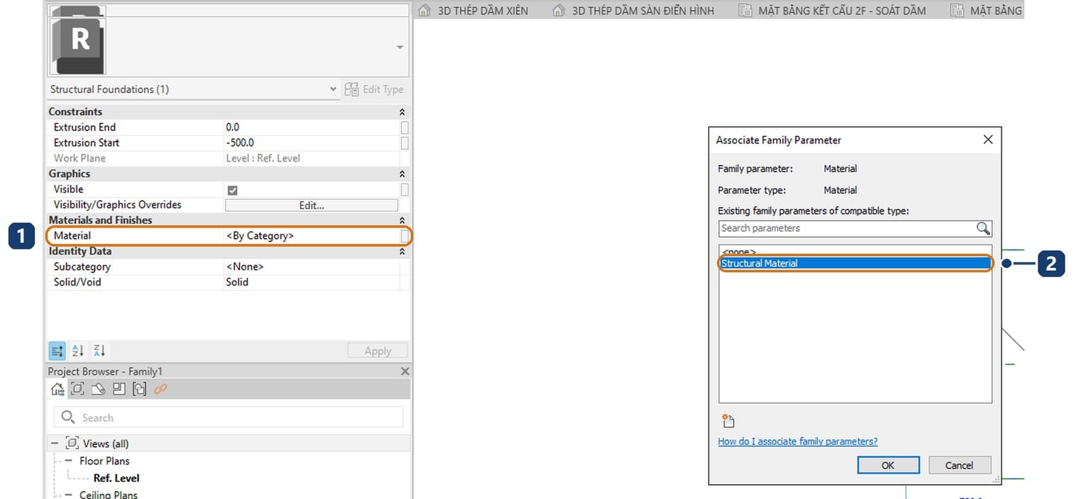 1 the Material row and its associate button. 2 the Structural Material parameter