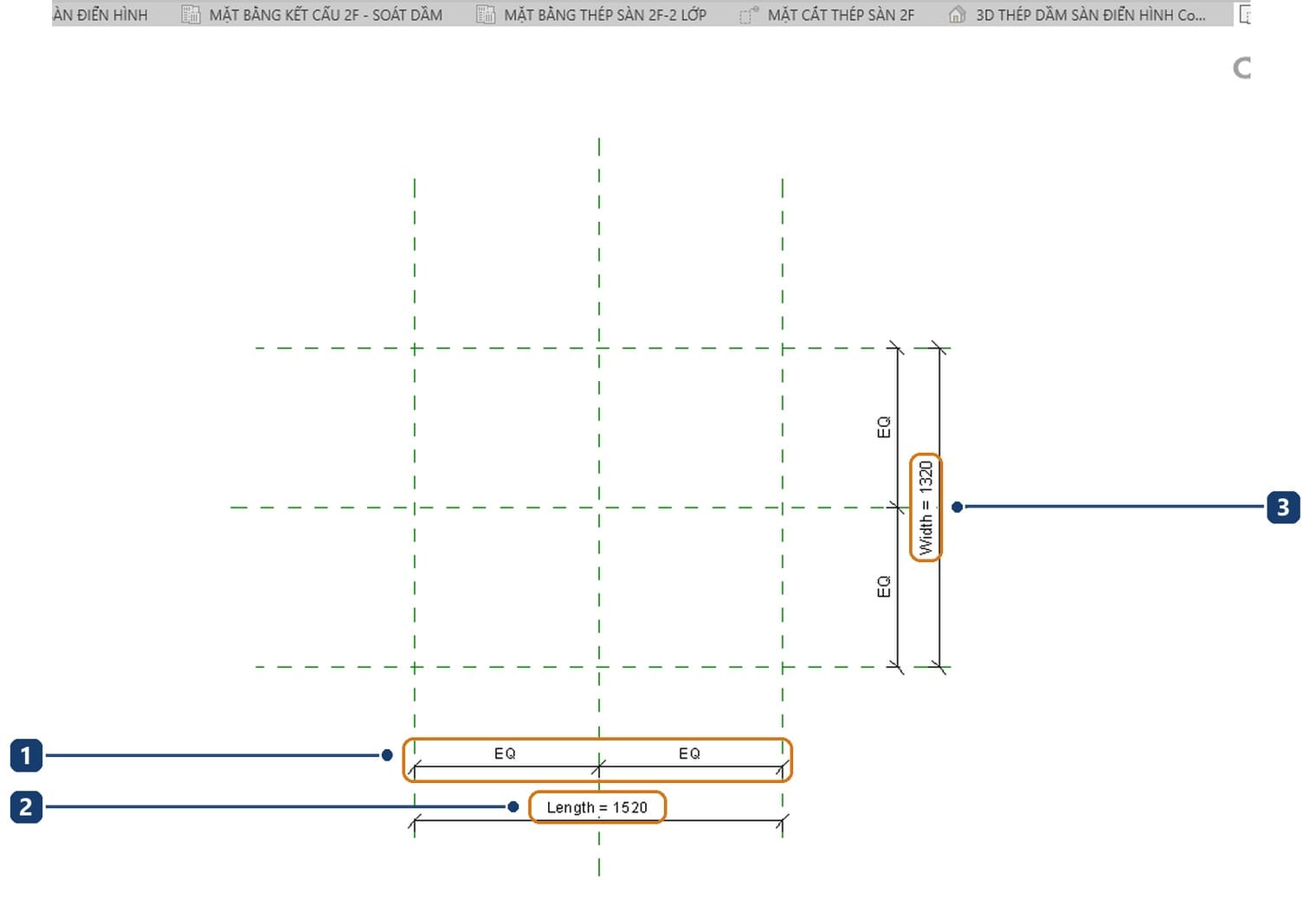 1 the two EQ strings. 2 Length labelled. 3 Width labelled