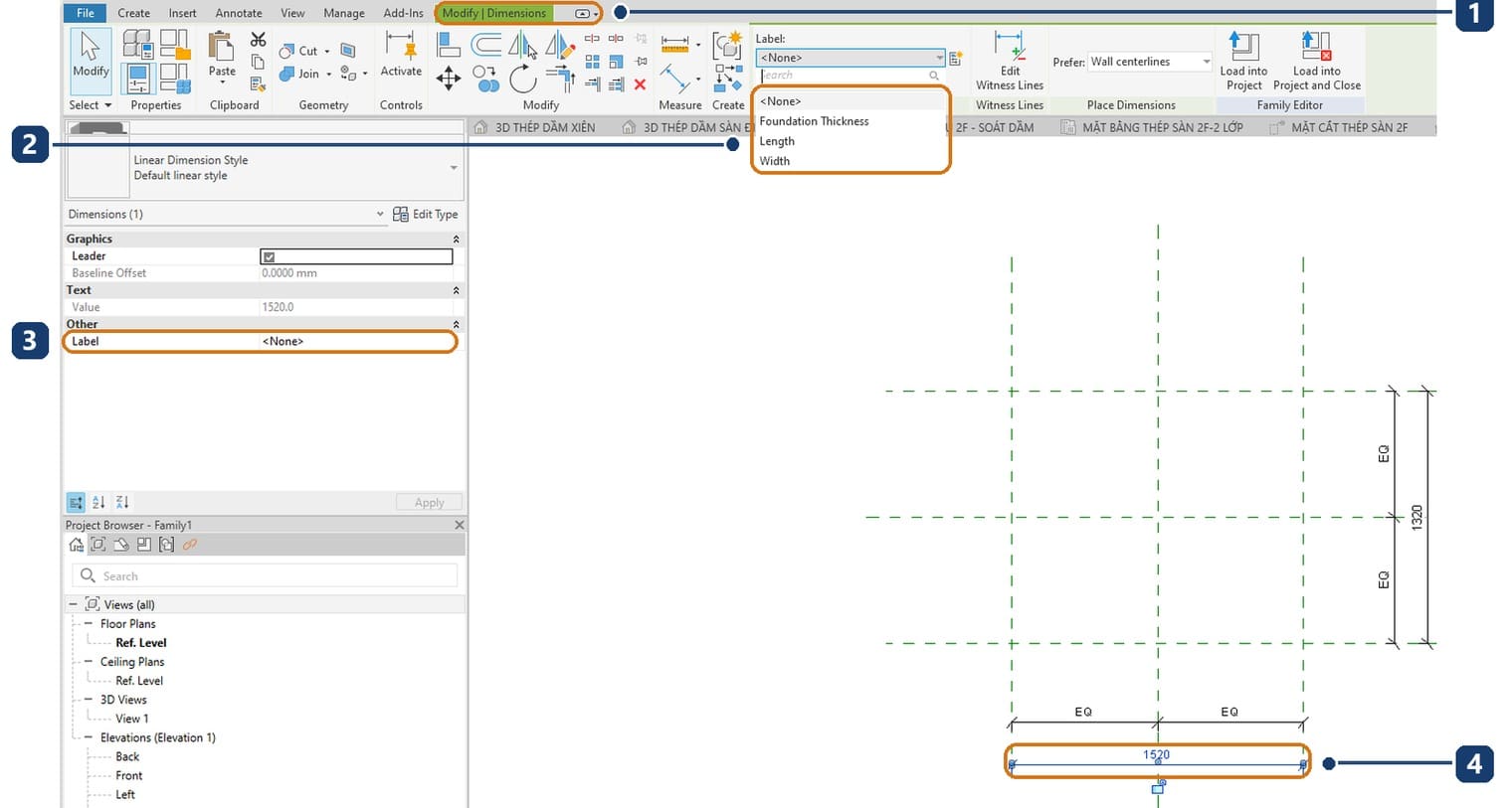 1 the Modify, Dimensions tab. 2 the Label list with its search box and three parameters. 3 the Label row in Properties. 4 the selected overall dimension