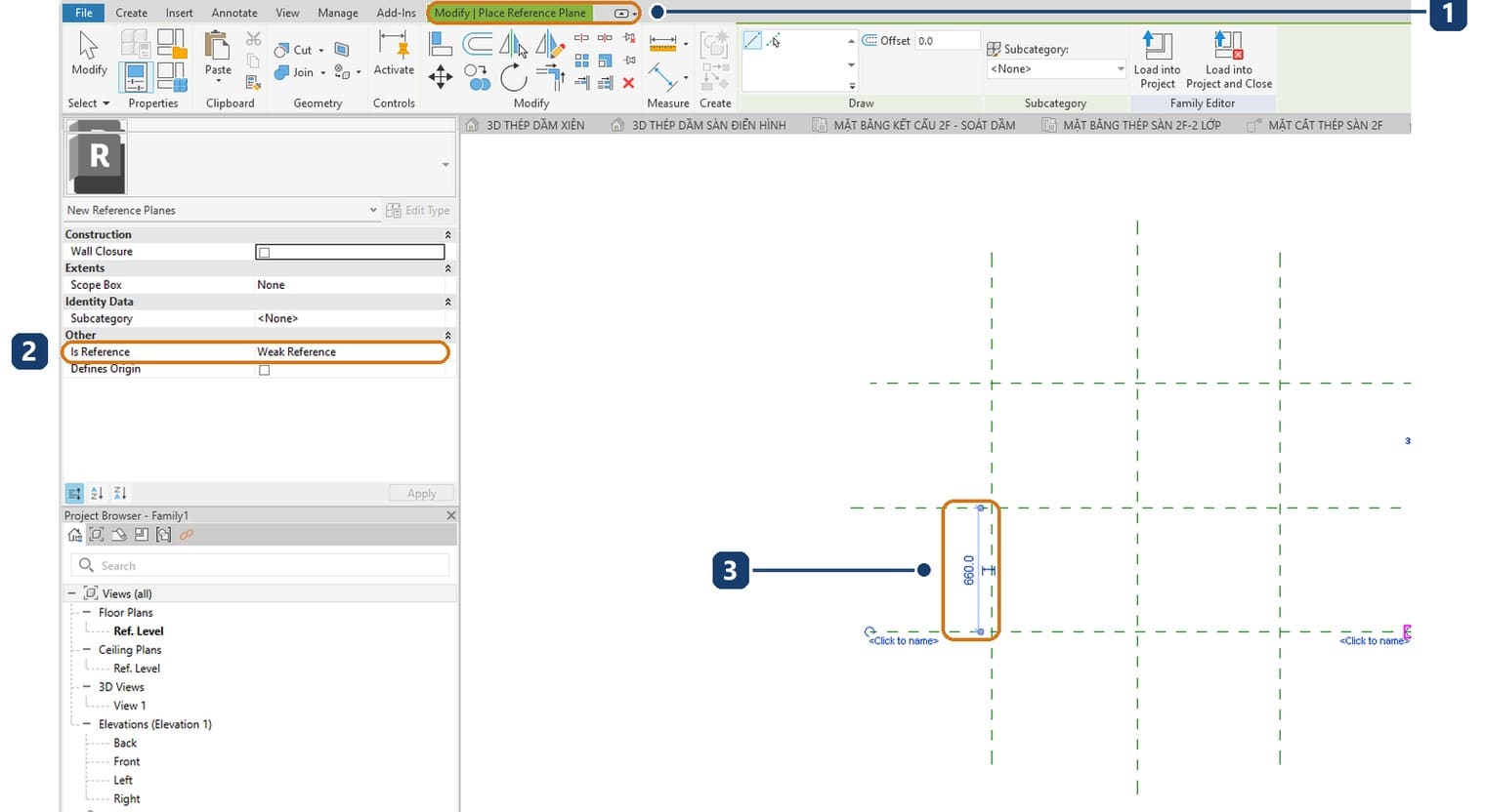 1 the Modify, Place Reference Plane context tab. 2 Is Reference of a new plane is Weak Reference. 3 the temporary dimension while drawing