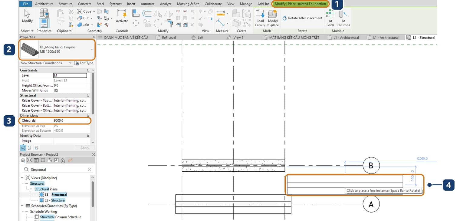 1 the Modify, Place Isolated Foundation tab. 2 the strip footing family and type selected. 3 length 9000 typed before placing. 4 the footing preview following the cursor