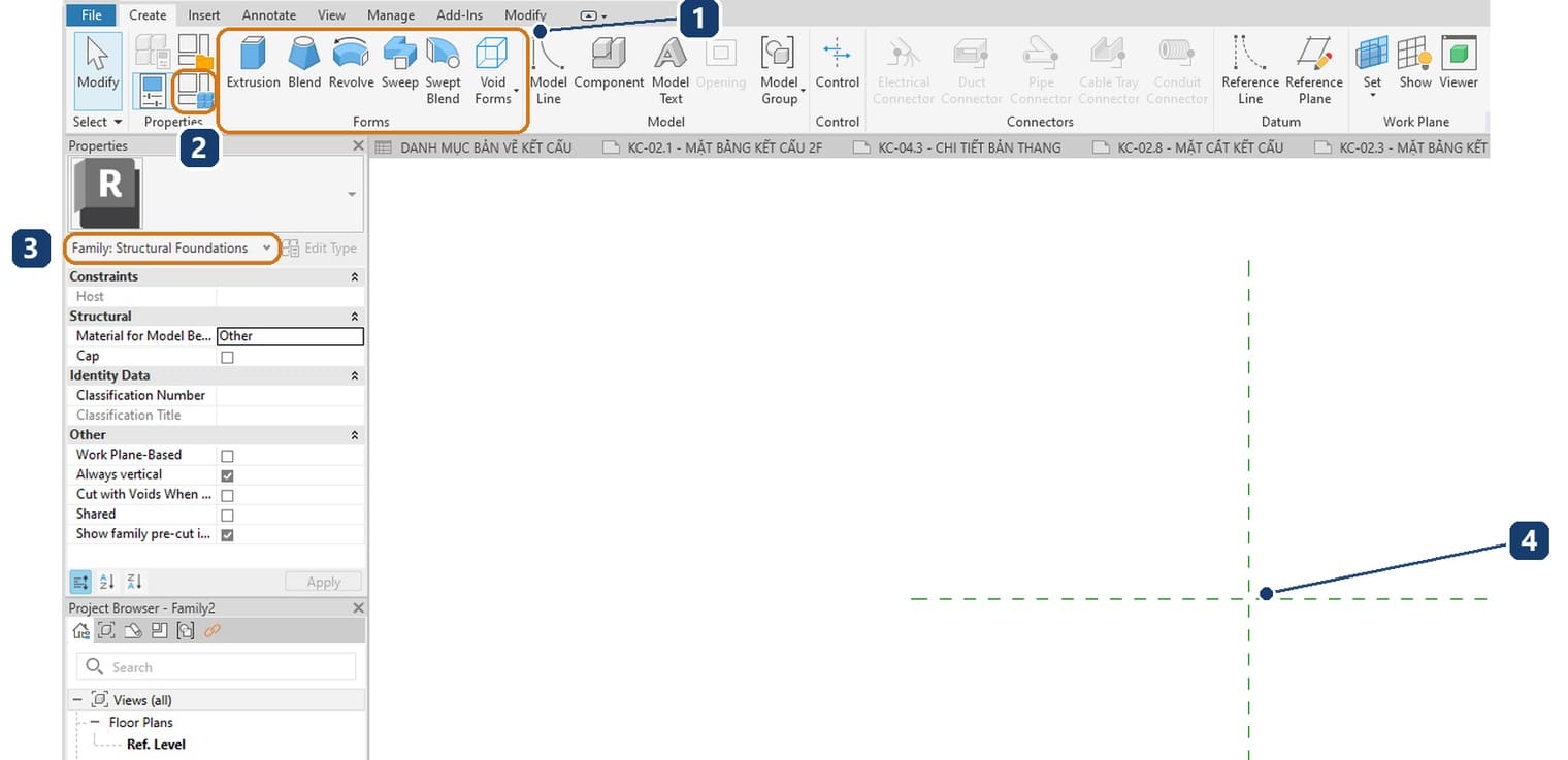 1 the Forms panel on the Create tab. 2 the Family Types button. 3 the Structural Foundations category. 4 the two reference planes crossing at the origin