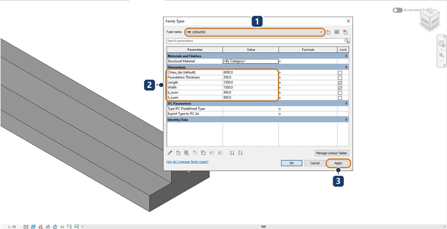 1 type MB 1500x950 selected. 2 the six size parameters after the test values. 3 the Apply button