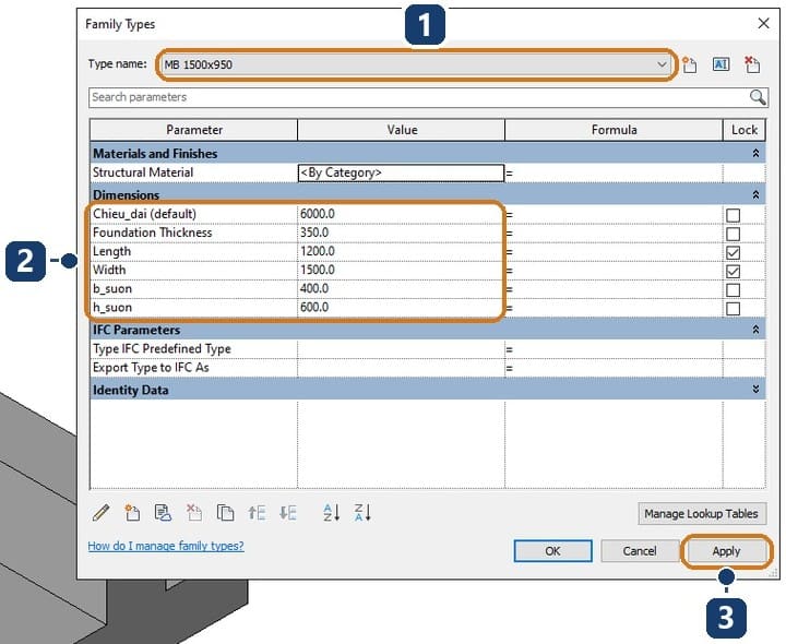 1 type MB 1500x950 selected. 2 the six size parameters after the test values. 3 the Apply button