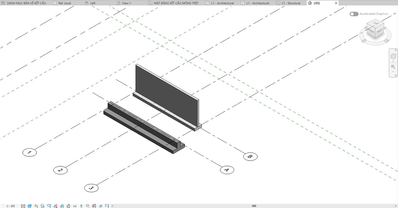 A self-built inverted T strip footing running along grid A, next to Revit's built-in wall foundation under the wall on grid B