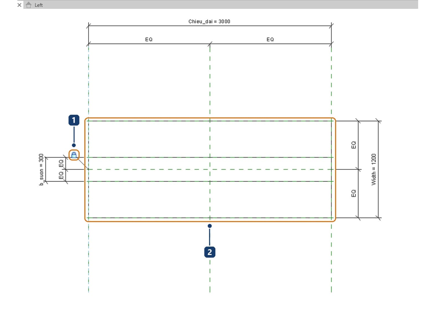 1 the closed padlock at the left end. 2 both solids now run the full distance between the end planes