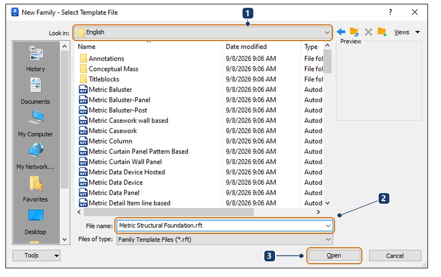 1 Look in switched to the English folder. 2 the foundation template file name. 3 the Open button