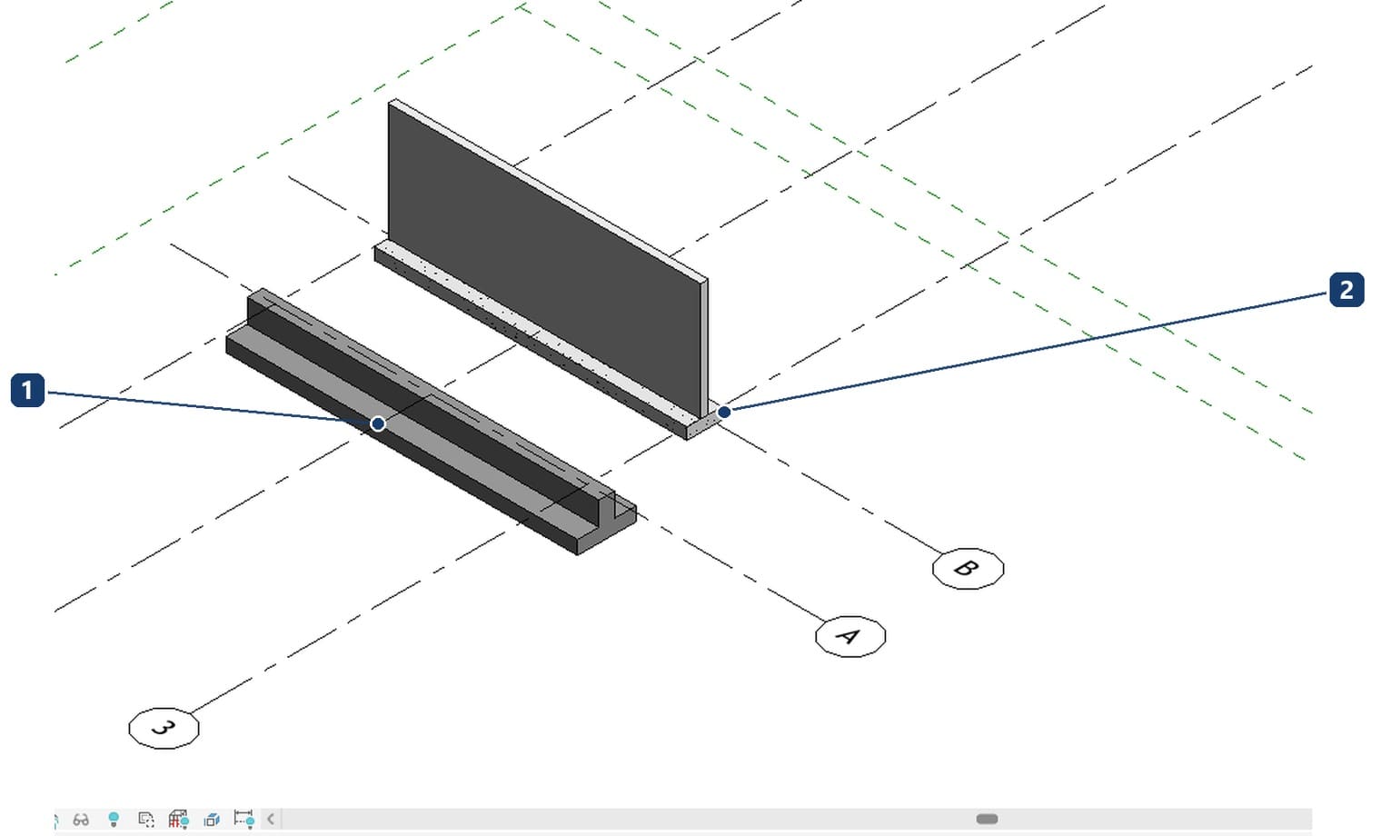 1 the self-built inverted T footing along grid A. 2 the built-in wall foundation under the wall on grid B