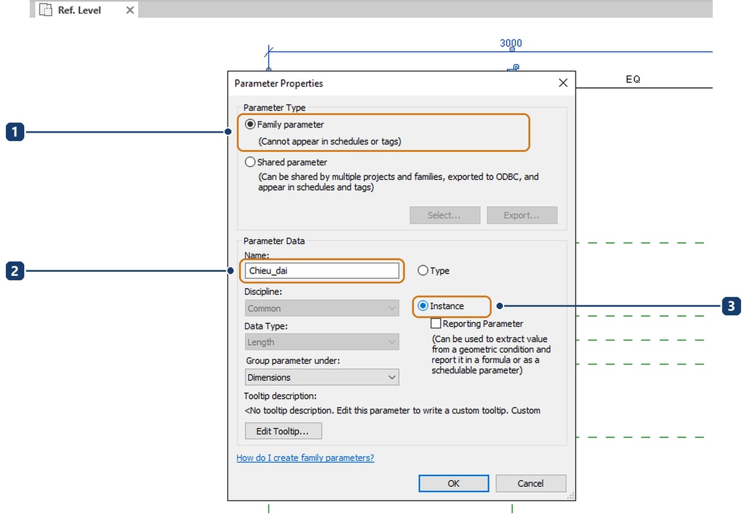 1 Family parameter, the kind that cannot appear in schedules. 2 parameter name typed without diacritics. 3 Instance selected