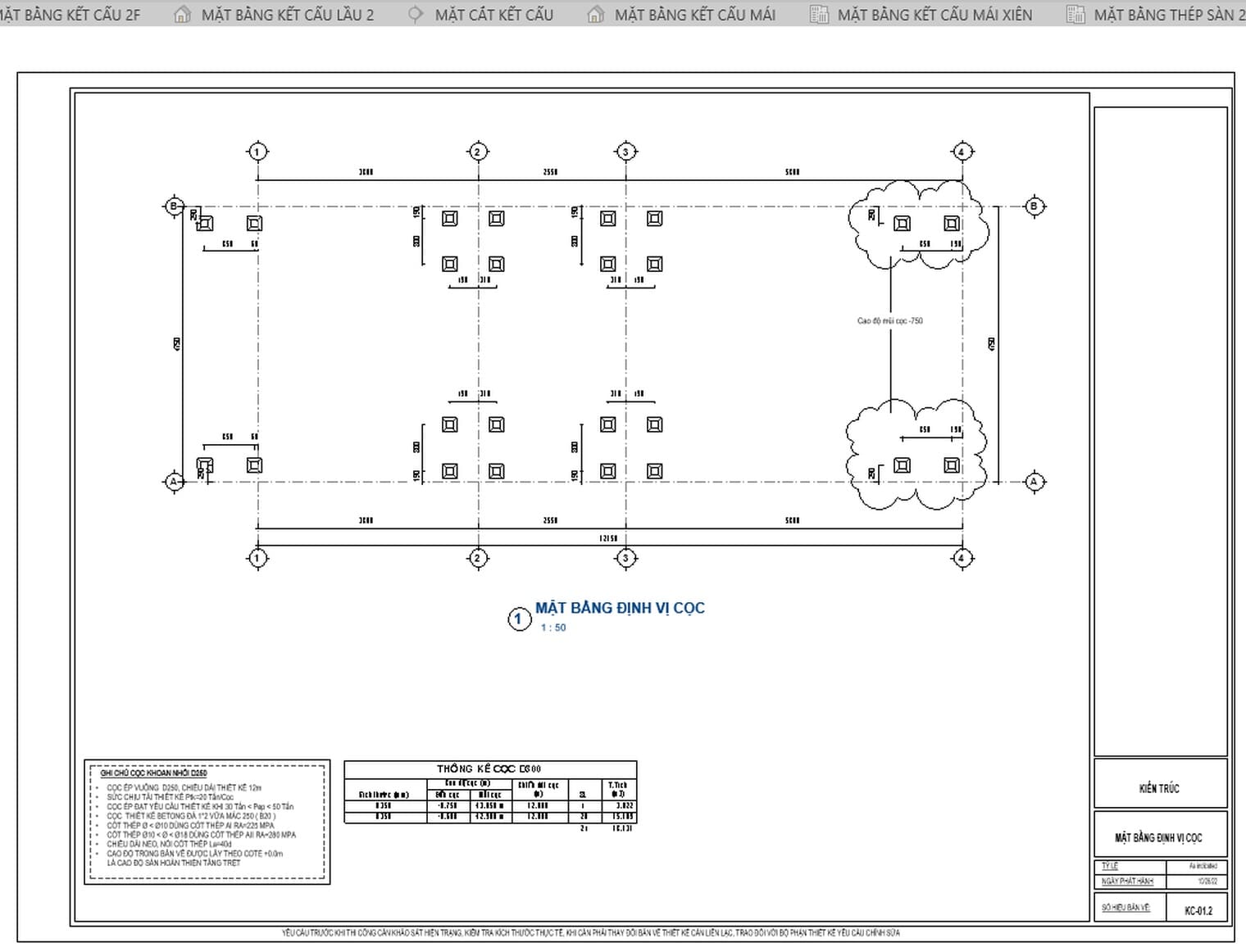 Sheet KC-01.2 of the sample model in Revit 2027: the pile layout plan, pile notes and a pile schedule placed on the sheet
