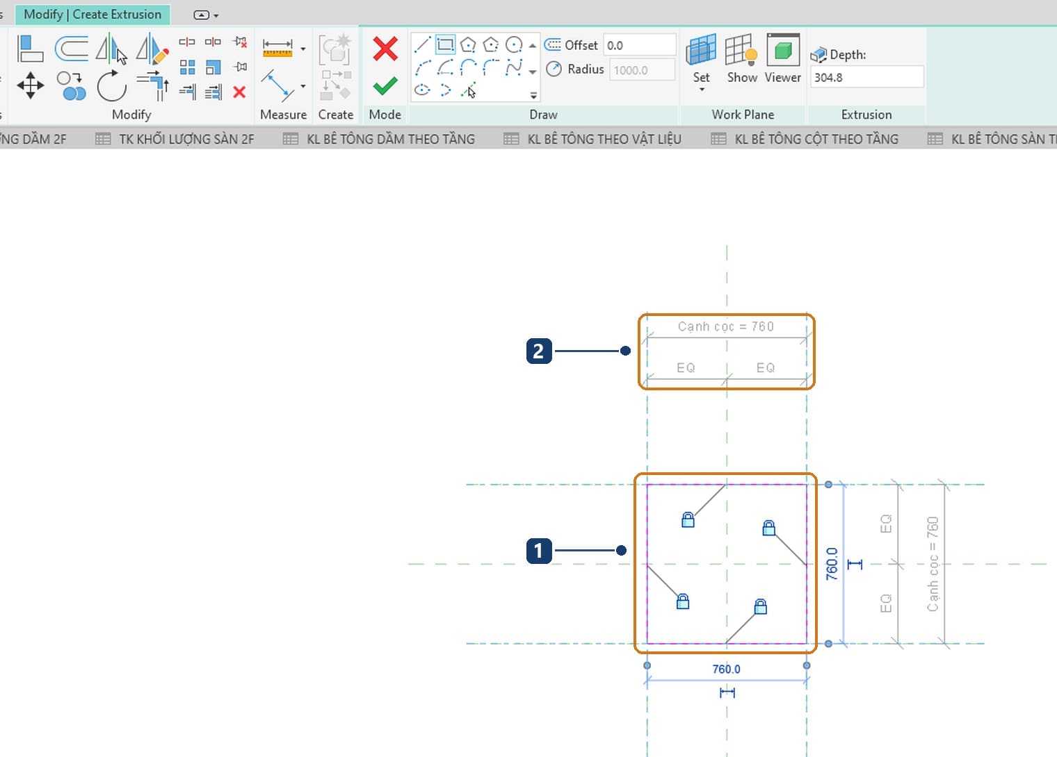 1 the Extrusion sketch with all four padlocks closed. 2 the pile size dimension with its EQ string