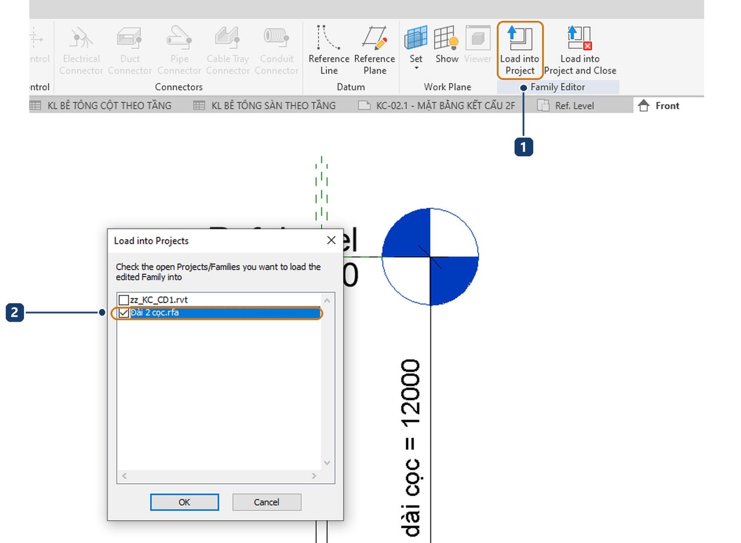 1 the Load into Project button. 2 only the cap family ticked, the project left clear