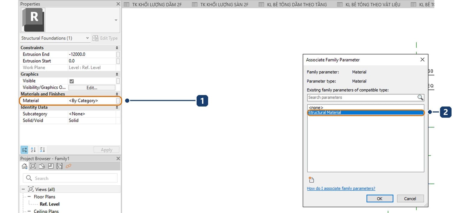 1 the Material row and its associate button. 2 the Structural Material parameter selected