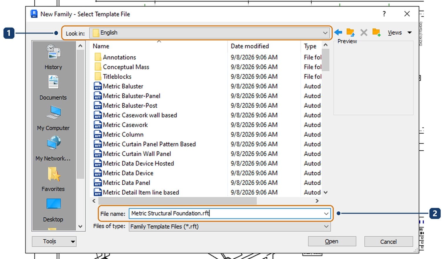 1 the English template folder. 2 the File name box holding the foundation template name