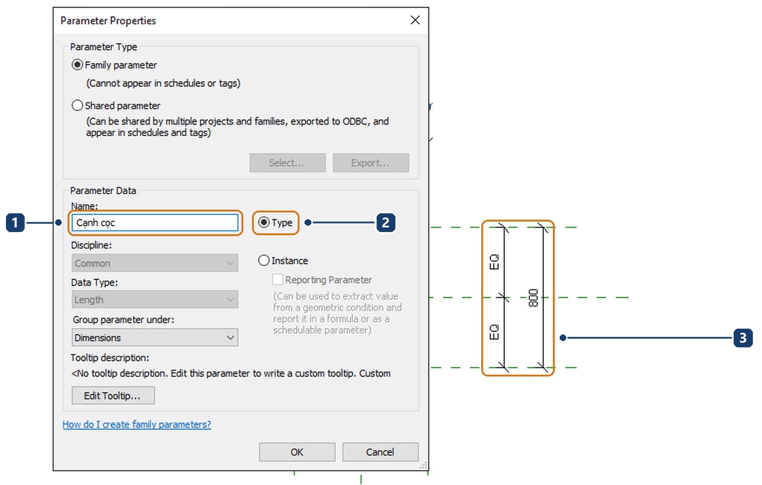 1 the parameter name Cạnh cọc, meaning pile size. 2 Type left as the default. 3 the dimension string already set to EQ