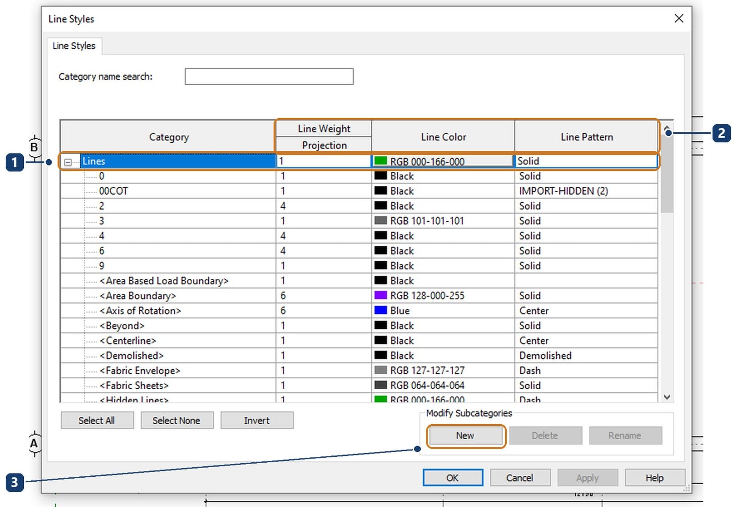 1 dòng gốc Lines. 2 ba cột Line Weight, Line Color, Line Pattern. 3 nút New trong khung Modify Subcategories