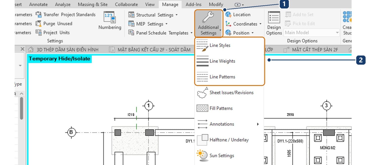 1 nút Additional Settings trên thẻ Manage. 2 ba mục Line Styles, Line Weights, Line Patterns ở đầu trình đơn