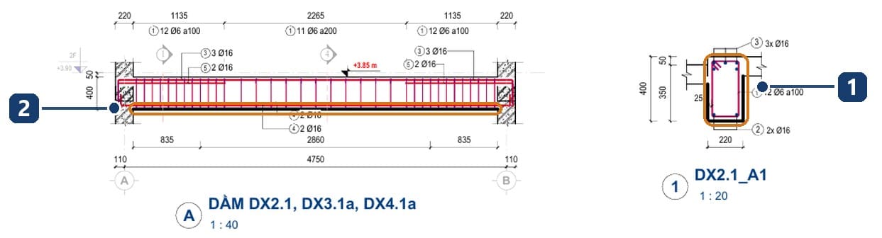 1 mặt cắt dầm trong tệp PDF với đường bao dày. 2 cạnh dưới dầm trên hình khai triển 1:40
