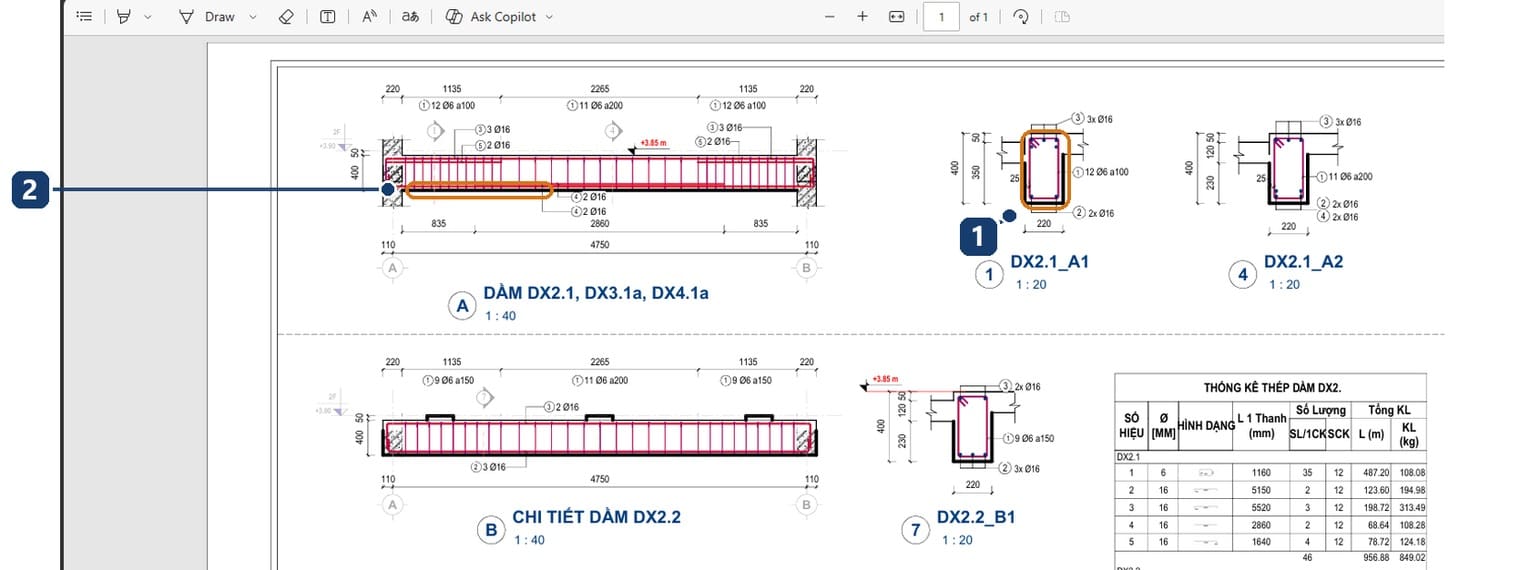 1 mặt cắt dầm trong tệp PDF với đường bao dày. 2 cạnh dưới dầm trên hình khai triển 1:40