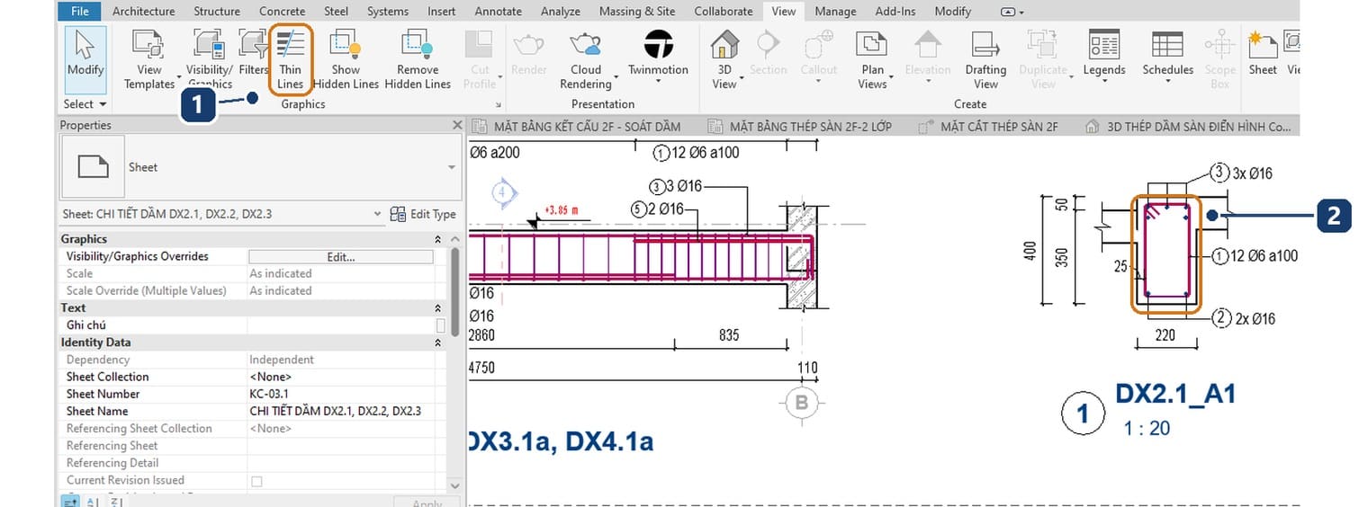 1 nút Thin Lines đang tắt trên thẻ View. 2 mặt cắt dầm hiện đúng bề dày nét