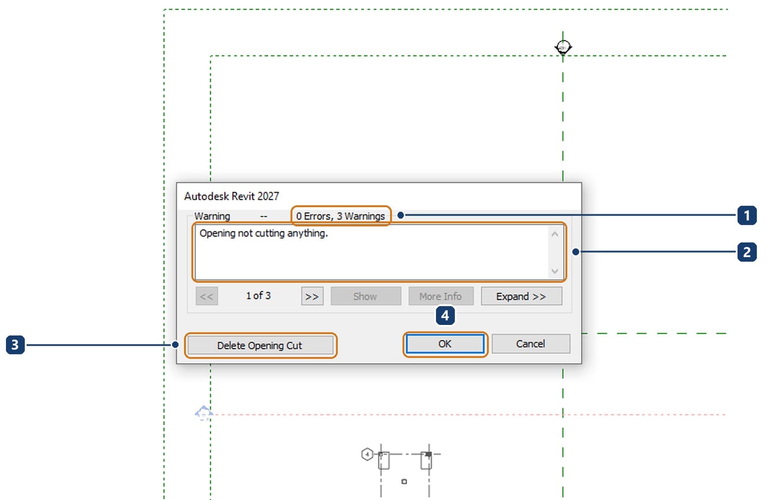 1 no errors, three warnings. 2 Opening not cutting anything. 3 Delete Opening Cut. 4 OK