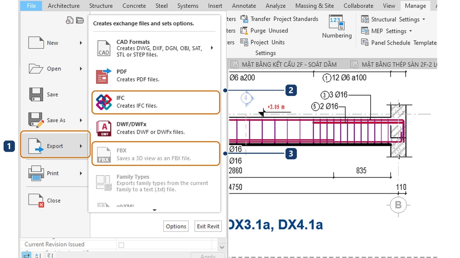 1 Export in the File menu. 2 IFC, enabled even with a sheet open. 3 FBX greyed out because this is not a 3D view