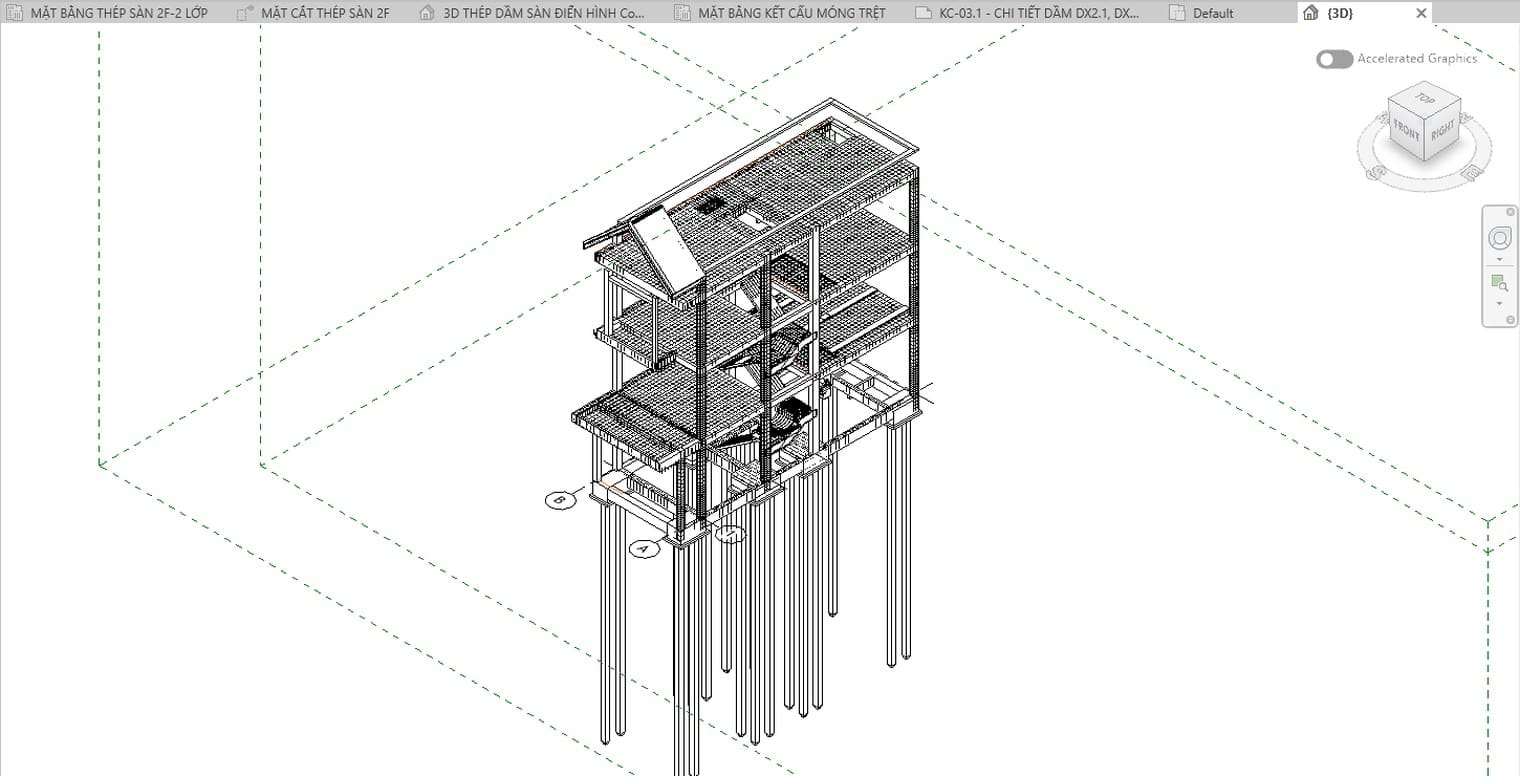 A four-storey structure on piles exported to IFC4.3 and reopened in Revit 2027, with slab and beam reinforcement intact