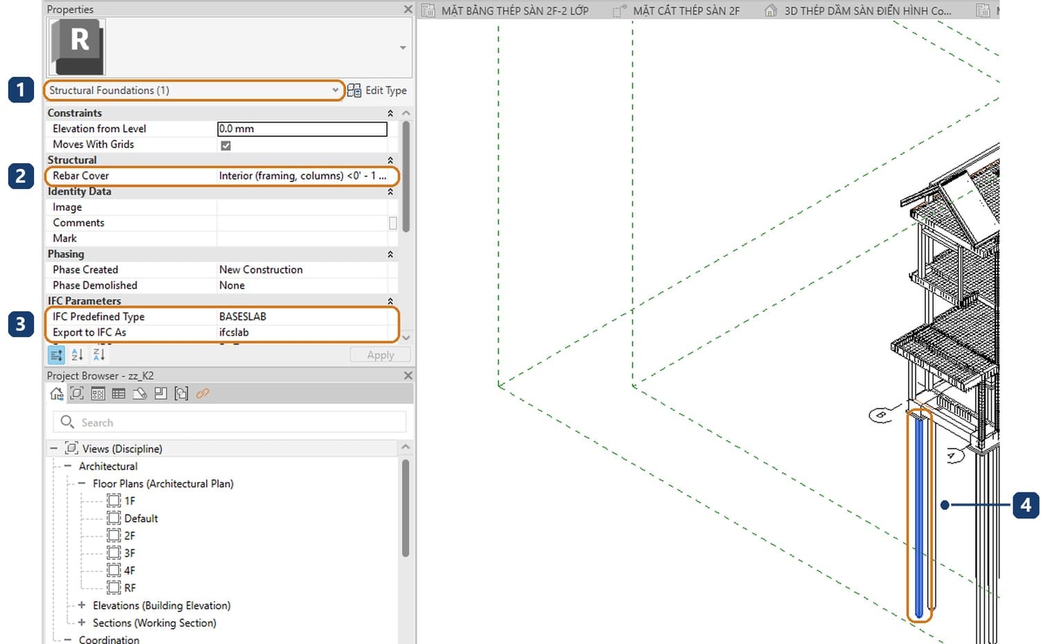 1 the pile in the Structural Foundations category. 2 rebar cover shown in inches from the template. 3 IFC Predefined Type BASESLAB and Export to IFC As ifcslab. 4 the selected pile