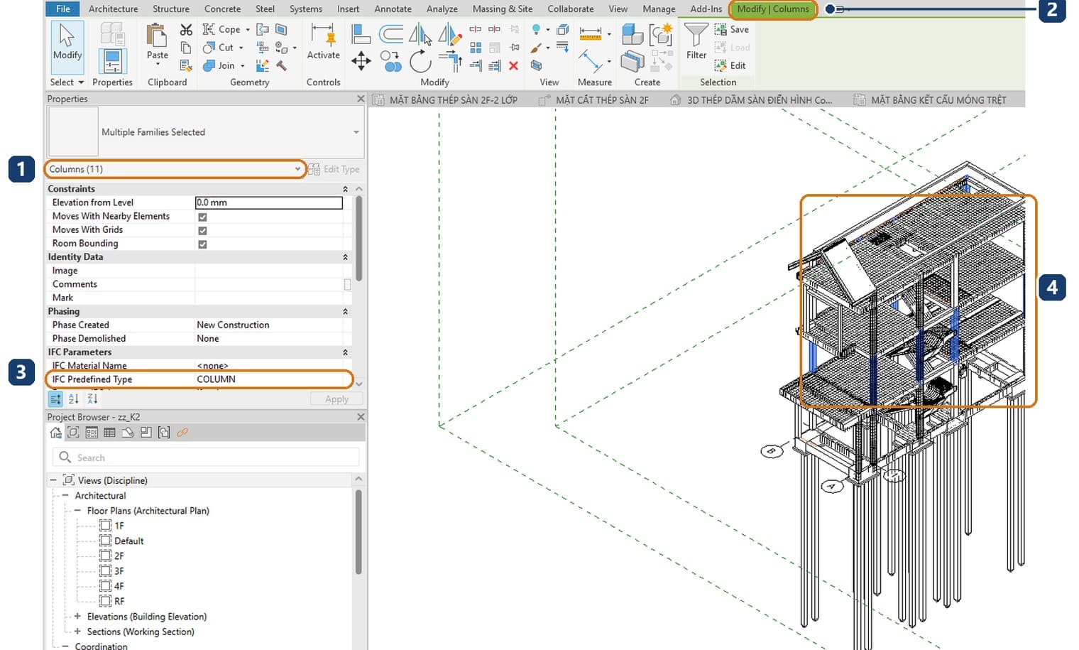 1 eleven elements in Columns. 2 the Modify Columns tab. 3 IFC Predefined Type still COLUMN. 4 the selected column segments