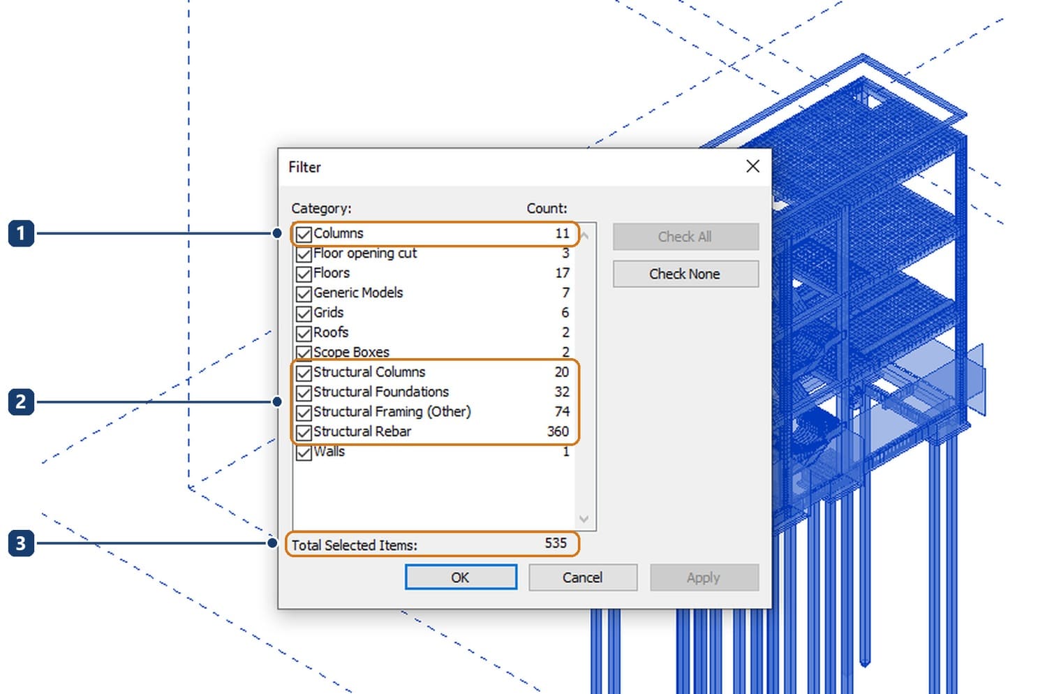 1 eleven columns in the Columns category. 2 structural columns, foundations, framing and rebar. 3 a total of 535 elements