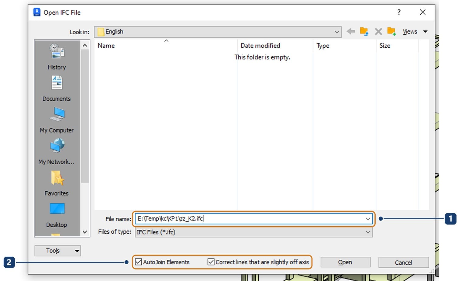 1 the path of the exported file. 2 AutoJoin Elements and Correct lines that are slightly off axis
