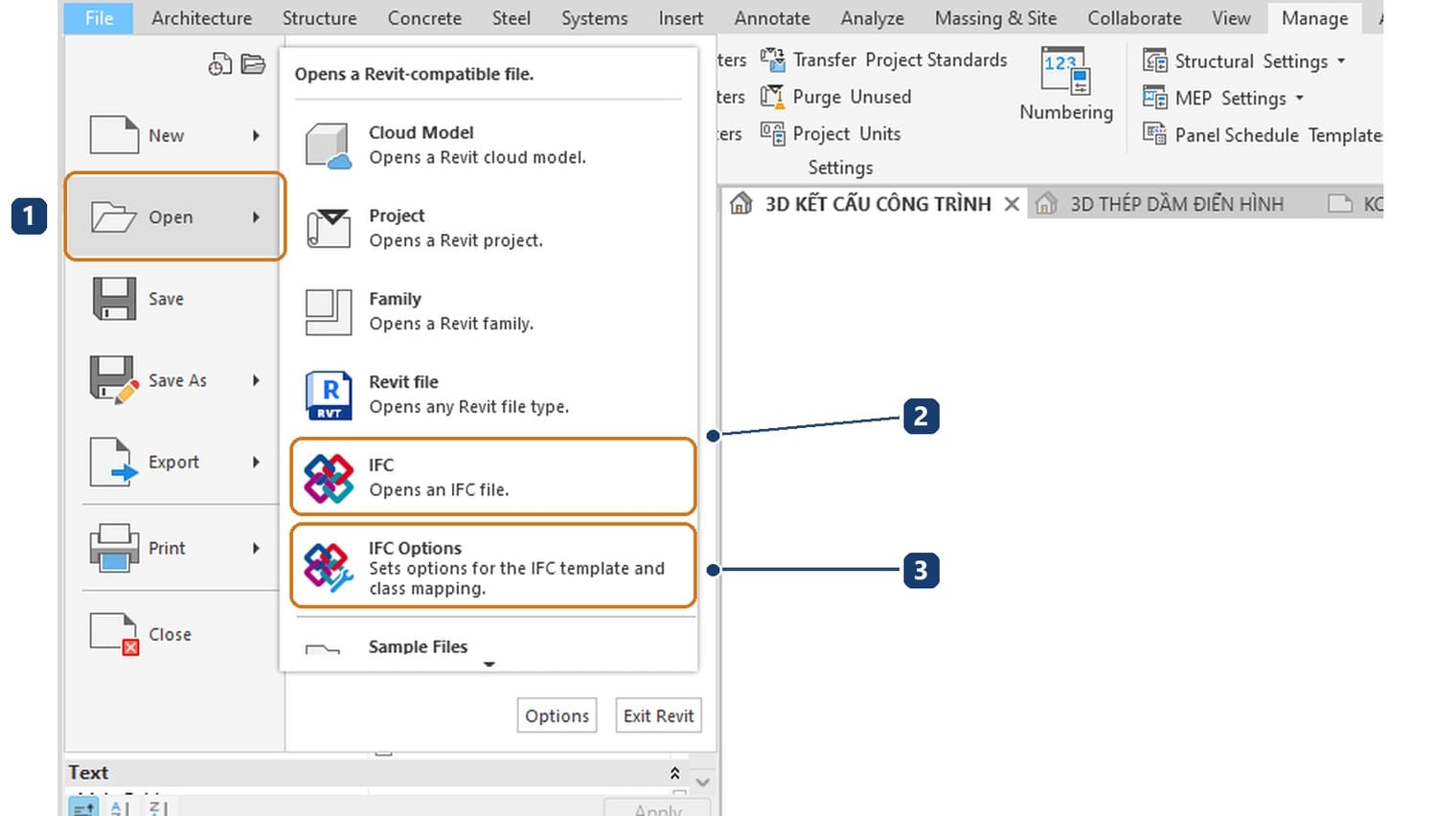 1 Open. 2 IFC opens an IFC file as a new project. 3 IFC Options for the template and class mapping