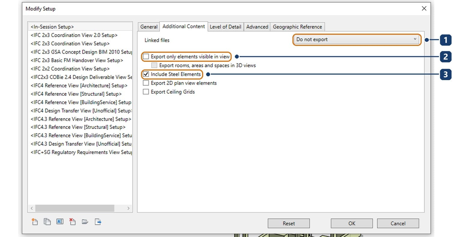 1 Linked files set to Do not export. 2 export only what is visible in the view. 3 Include Steel Elements ticked