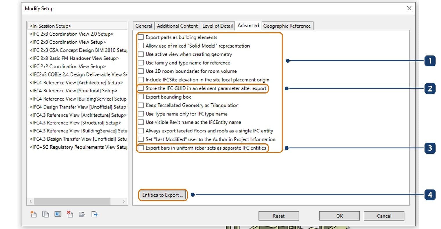 1 fourteen advanced check boxes. 2 store the IFC GUID in a parameter. 3 export each bar in uniform rebar sets. 4 the Entities to Export button